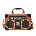 Vintage boombox style crossbody bag in brown leather finish with metallic handle - Dark Brown