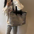 Large black and white striped canvas tote bag with Fashion Bag label and black strap - Black