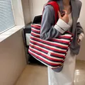 Large striped canvas tote bag in red, white and navy blue with fashion patch and red strap - Red
