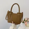 Brown lychee grain bucket bag in trapezoid shape with retro gold hardware and strap - Coffee