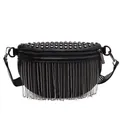 Black leather waist bag with silver chain tassels and diamond quilting and studs - Black