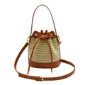 Brown leather and straw woven bucket bag with drawstring closure and crossbody strap - Woven Style / Brown