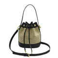 Straw drawstring bucket bag with black leather trim and adjustable crossbody strap - Woven Style / Black