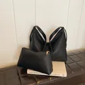 Classic black litchi pattern leather tote bag set with elegant gold hardware - 2-Piece Set (Tote + Inner Pouch) / Black