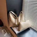 Beige litchi grain tote and matching pouch set with golden hardware for daily use - 2-Piece Set (Tote + Inner Pouch) / Beige Apricot