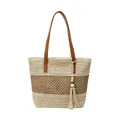 Fashion woven straw tote bag with brown leather handles and decorative tassel detail - Off White