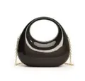 Glossy black acrylic crescent handbag with gold chain strap and integrated round handle - Gunmetal