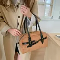 Retro brown suede Boston handbag with black leather straps and gold buckle accents - Brown
