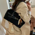 Large black suede crossbody bag with decorative wooden beads and gold metallic hardware - With Pendant / Black