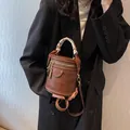 Retro brown cylinder bucket bag with leopard print scarf handle and gold hardware - Coffee