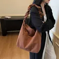 Vintage dark brown faux suede tote bag with stylish ruched shoulder strap for women - Coffee