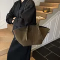 Olive green suede tote bag with large capacity and minimalist shoulder strap design - Green