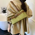 Retro green suede shoulder bag with brown leather strap and buckle for women's fashion - Green
