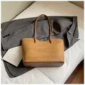 Brown woven tote bag with slim shoulder straps and high-capacity minimalist design - Basic Style / Khaki