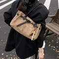 Vintage brown faux suede tote bag with black leather straps and wooden bead charm - Khaki