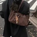 Dark brown frosted suede tote bag with vintage strap buckle and beaded tassel - Coffee