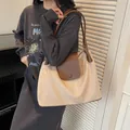 Large beige canvas tote bag with brown leather trim and shoulder strap for women - Khaki
