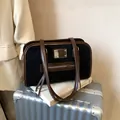 Retro black suede Boston bag with brown leather trim and silver metal plaque - Black