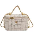 Mini tweed box bag with gold chain strap and floral accent on white leather trim - White Small