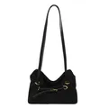 Minimalist black suede tote bag with wavy top edge and decorative gold buckle strap detail - Black