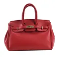 Classic red lychee leather tote bag with gold hardware and top handles for women - Red