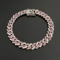 Detail of silver Cuban link chain with alternating pink and white zircons on black background - 20cm / Bracelet / Pink White