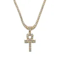Pendentif clé Ankh en or glacé avec collier tennis scintillant pour hommes et femmes - Croix Dorée + Chaîne Tennis 4mm