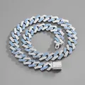 Close-up of 15mm heavy Cuban link chain with blue and white crystals and square buckle - Standard Size / Silver Blue White
