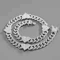 Macro view of iced-out silver Cuban link chain necklace and bracelet with heart pendants - Bracelet 20cm / Silver Heart Cuban Link - 143