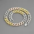 Detailed view of tri-color iced-out Cuban link chain with gold, silver and rose gold links - Necklace / Size 4XL / Rose Gold