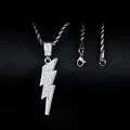 Silver iced out lightning bolt pendant necklace with sparkling stones on rope chain - Silver Pendant + Stainless Steel Rope Chain