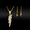 Macro shot of gold hip hop lightning pendant with dense rhinestones on a black stand - Gold Pendant + Stainless Steel Rope Chain