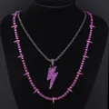Collier hip hop noir avec pendentif éclair rose rouge et chaîne tennis à pointes sertie - Chaîne Torsadée 60cm / Gris Fusil Violet Foncé