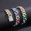 Rainbow enamel silver Cuban chain necklace with sparkling rhinestones in a 15mm link width - Necklace Medium-Long / Silver Colorful Enamel Style