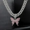 Close-up of hip-hop Cuban link chain featuring a large pink rhinestone butterfly pendant - Silver Pink Stone Butterfly Style (款式五)