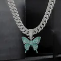 Collana cubana hip hop con grande ciondolo a farfalla decorato con cristalli blu e bianchi - Solo Ciondolo (Senza Catena) / Stile Farfalla in Argento con Pietra Verde (款式四)