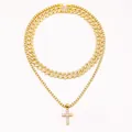 Parure de bijoux hip hop avec chaîne cubaine plaquée or 18 carats et collier tennis croix - Ensemble Or