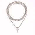 Ensemble bijoux hip hop avec pendentif croix argentée et chaîne cubaine sertie de strass - Parure de Bijoux en Argent