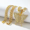 Goudkleurige hiphop Cubaanse schakelketting met schitterende vlinderhanger van zirkoon - Goud Witte Zirkonia Vlinder Hanger En Cubaanse Ketting