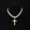 Lussuoso ciondolo a croce dorato con catena cuban link tempestata di strass brillanti - Pendente dorato e catena cubana