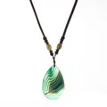 Ethnic teardrop natural agate slice pendant with green waves on brown braided cord - Pendant Only (Without Chain) / Green