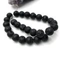 Strand of natural black lava stone round beads with porous matte finish for DIY jewelry - Natural Color