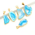 Five pieces of irregular blue agate geode pendants with gold plated edges and large bails - Random Blue