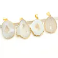 Set of four unique natural agate druzy slice pendants with gold plated edges on white stand - White Random
