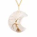 Collier pendentif arbre de vie en forme de lune avec cristal et chaîne dorée - Pendentif Uniquement (Sans Chaîne) / Cristal blanc Or