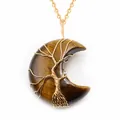 Pendentif Lune en œil de tigre avec arbre de vie en fil doré sur un collier - Pendentif Uniquement (Sans Chaîne) / Or & Œil de Tigre