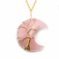 Détail du pendentif lune en quartz rose avec arbre de vie en fil métallique doré - Pendentif Uniquement (Sans Chaîne) / Quartz rose Or