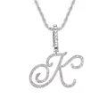Collier avec pendentif lettre K cursive en cristaux pavés et chaîne torsadée style hip hop - Lettre K - Argent