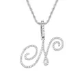 Collier chaîne corde argentée hip hop avec grand pendentif lettre N cursive sertie - Lettre N - Argent