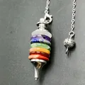 Seven chakra natural stone pendulum necklace with silver chain and faceted crystal point - Disc Pendulum (With Chain)